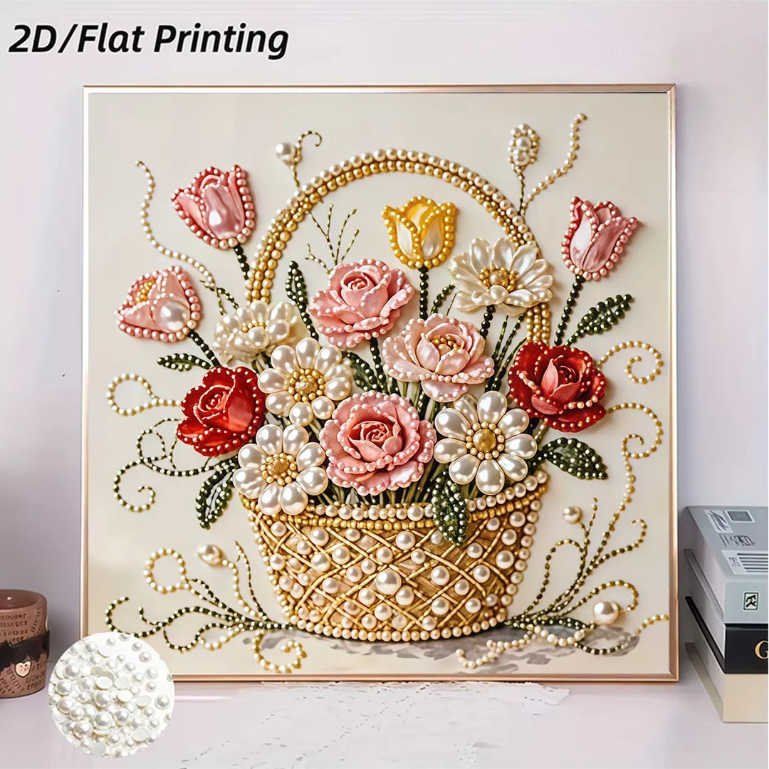 A framed 2D flat painting featuring pink and white roses in a gold basket with pearl accents.