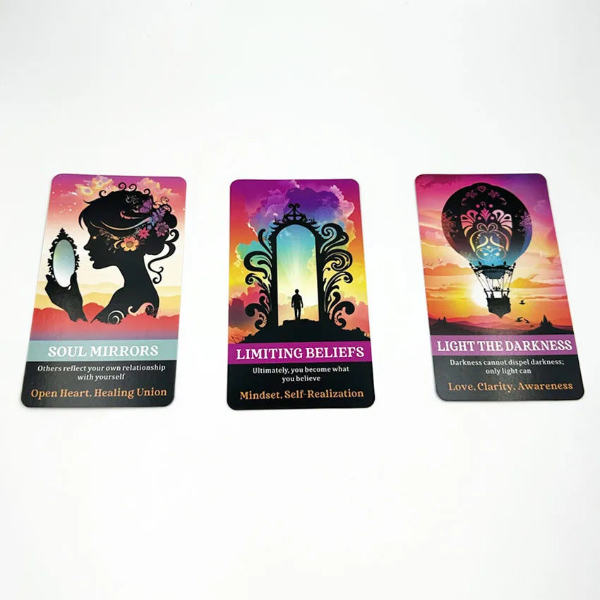 Three tarot cards featuring themes of soul mirrors limiting beliefs and light the darkness for self-discovery