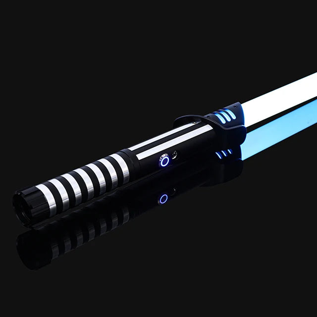 A black lightsaber with a glowing blue blade and silver accents is shown against a dark background.