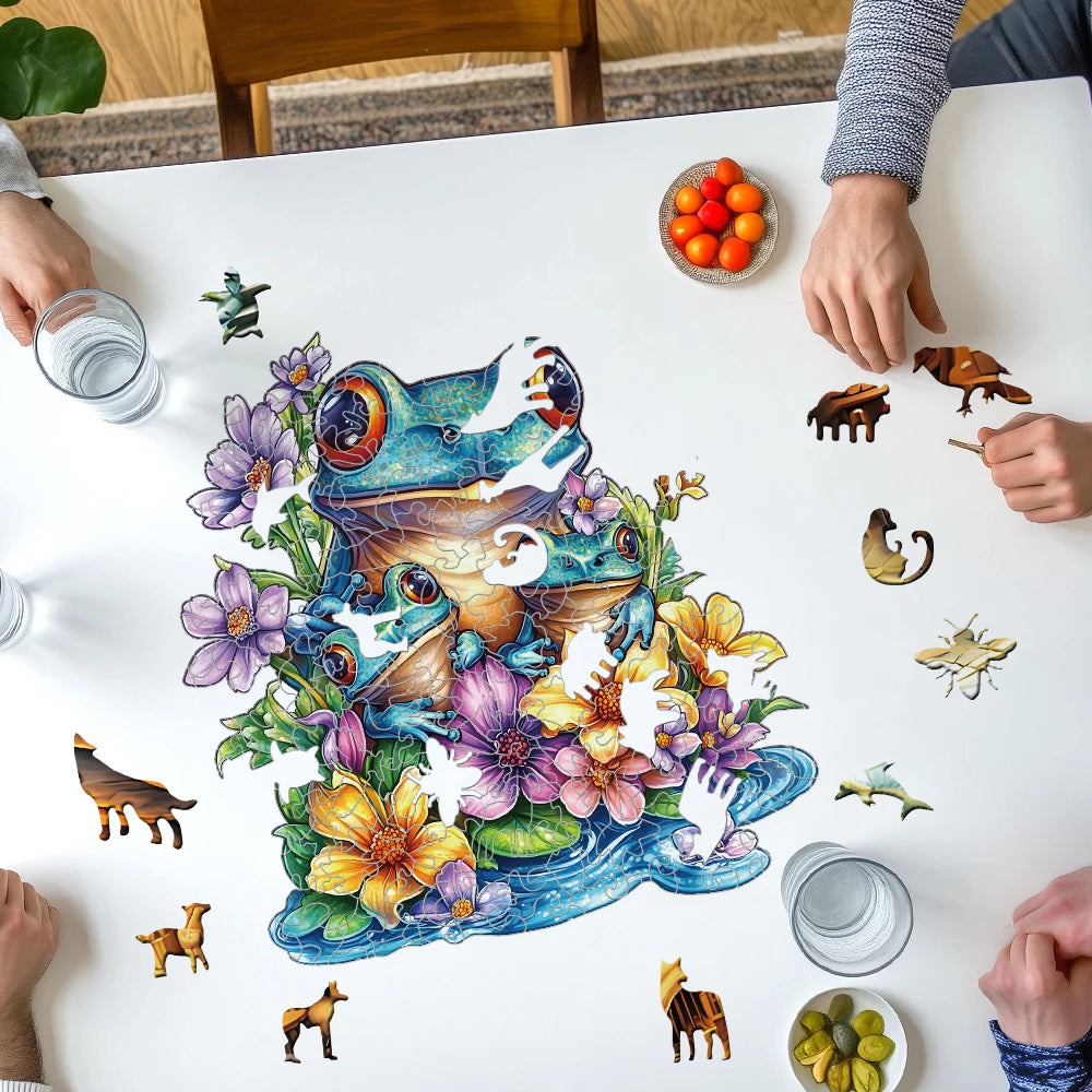 Wooden Jigsaw Puzzle - Frog & Flowers Design
