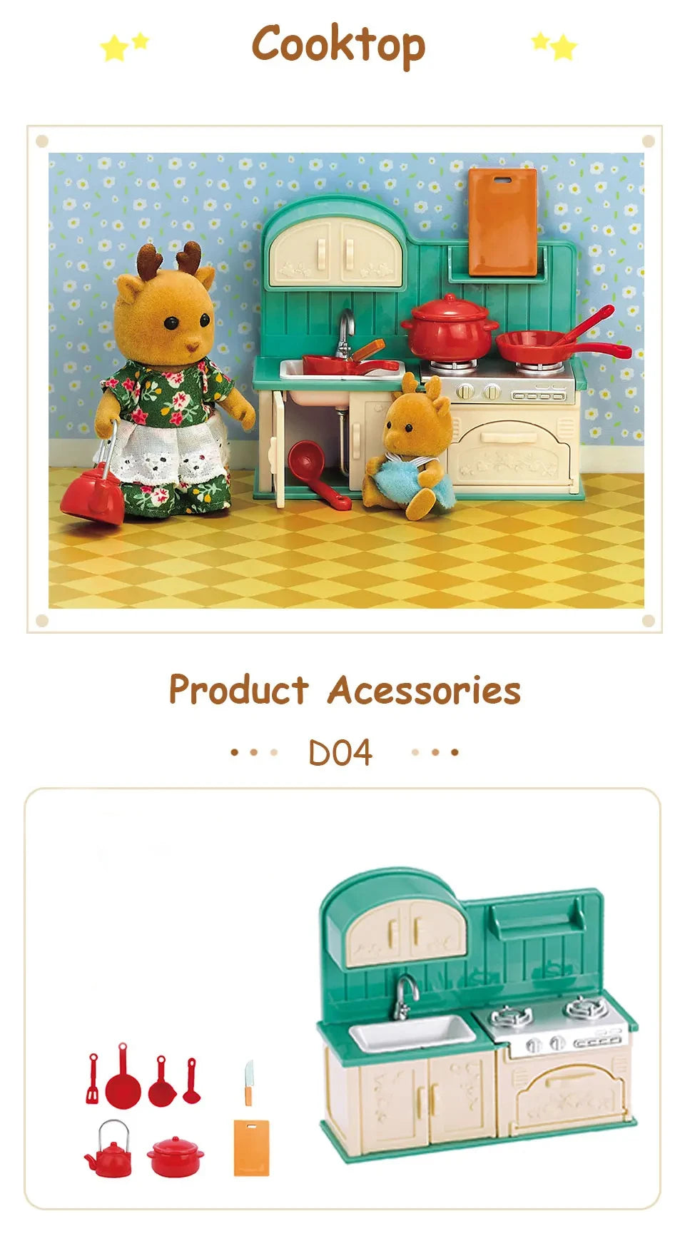 A miniature dollhouse kitchen set featuring green cabinetry, red pots, and yellow animal figures.