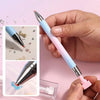 A hand holds a refillable gradient diamond picking pen with a rotating wax tip for nail art, showing the pen and its componen