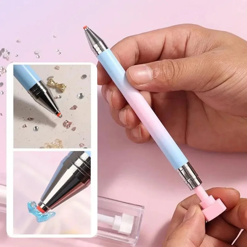A hand holds a refillable gradient diamond picking pen with a rotating wax tip for nail art, showing the pen and its componen