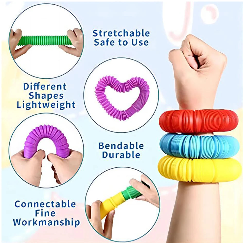 Colorful stretchable pop tubes in various colors demonstrating different shapes and connectable workmanship.