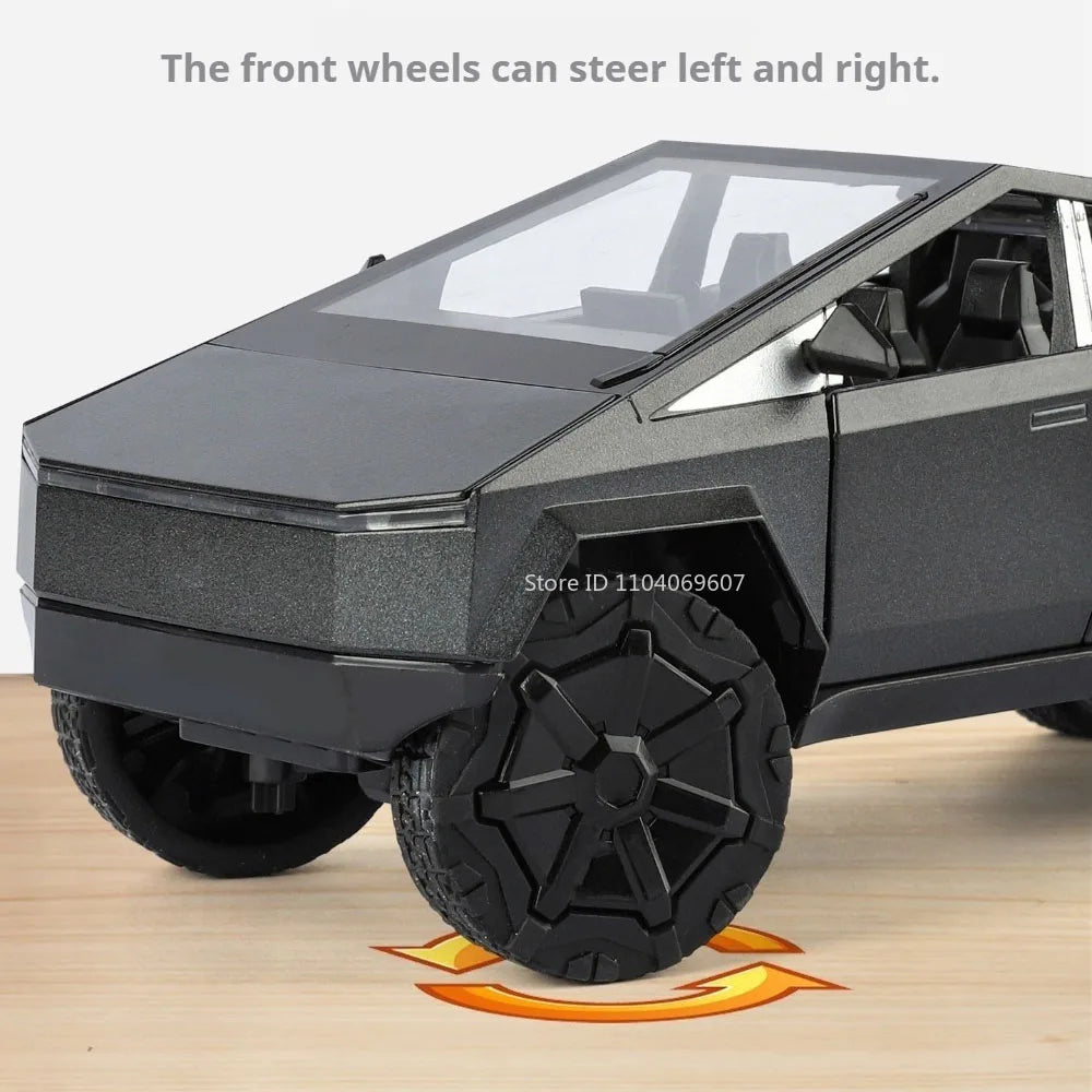 Schwarzes Diecast-Pickup-Anhänger-Robotaxi-Modellauto mit vorderen Rädern zur Lenkung links und rechts.