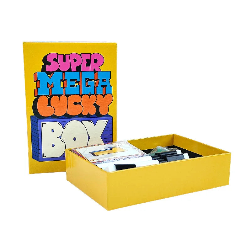 A yellow box labeled Super Mega Lucky Box with colorful text and a clear plastic insert showing game components.