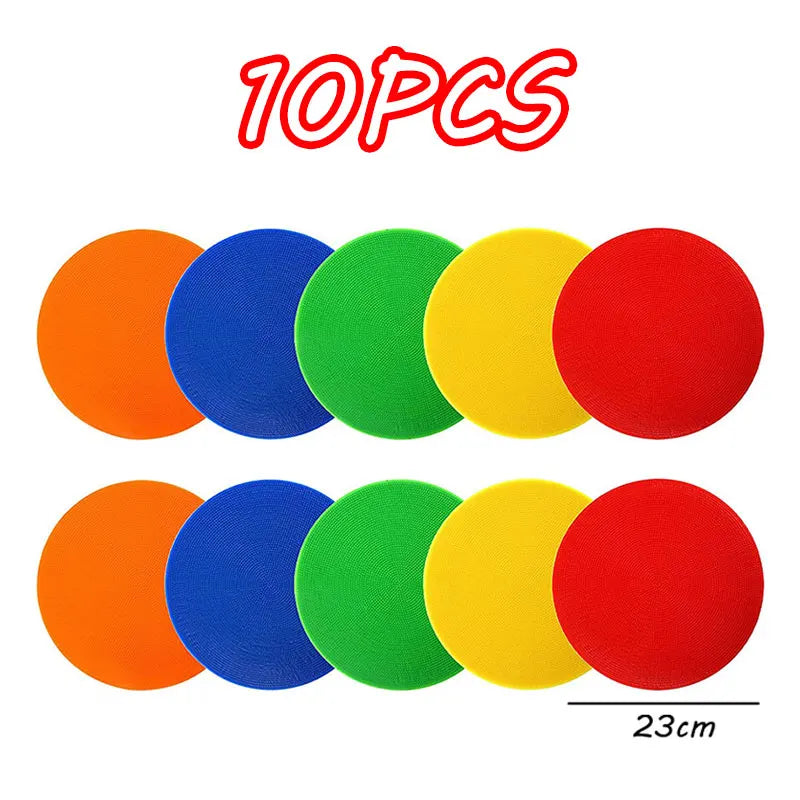 Ten colorful, round stepping stones for sensory and motor skills development.