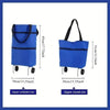 Blue foldable portable shopping cart with wheels and backpack straps shown in side view.
