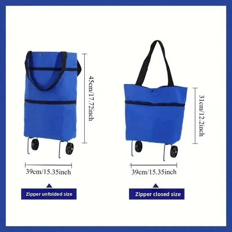 Blue foldable portable shopping cart with wheels and backpack straps shown in side view.
