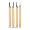 A set of five wooden handles with steel blades for professional wood carving chisels, showing various sizes.