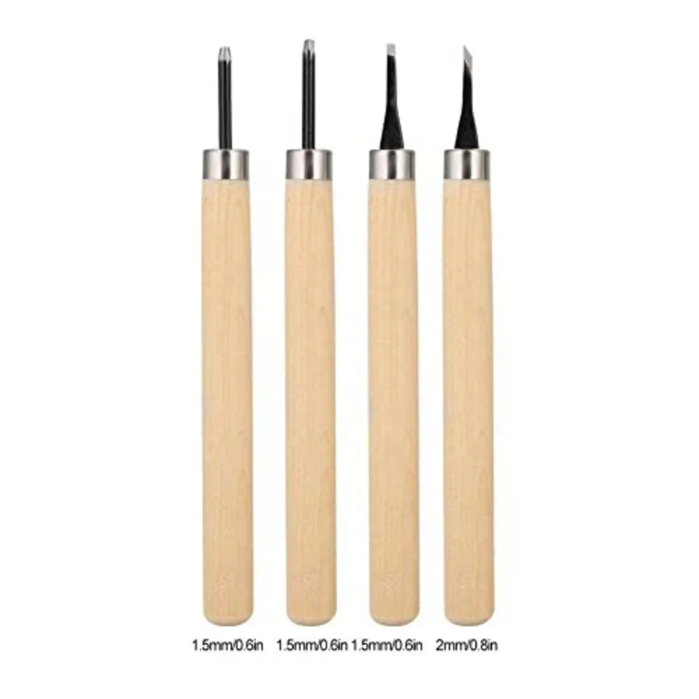 A set of five wooden handles with steel blades for professional wood carving chisels, showing various sizes.