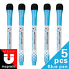 Five blue pen markers with black tips and white barrel for dry-erase board