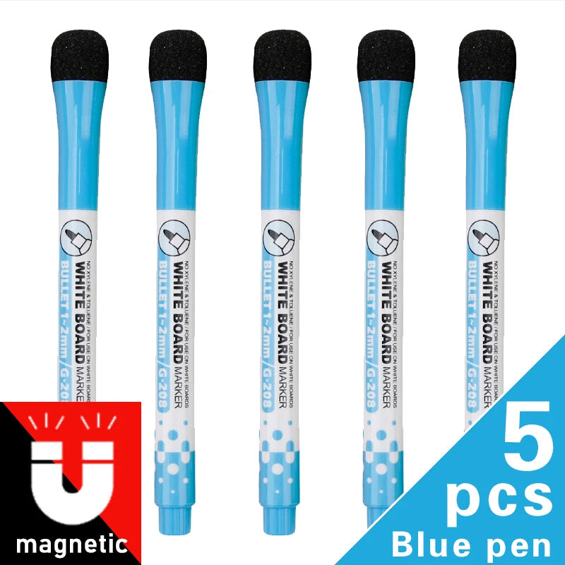 Five blue pen markers with black tips and white barrel for dry-erase board