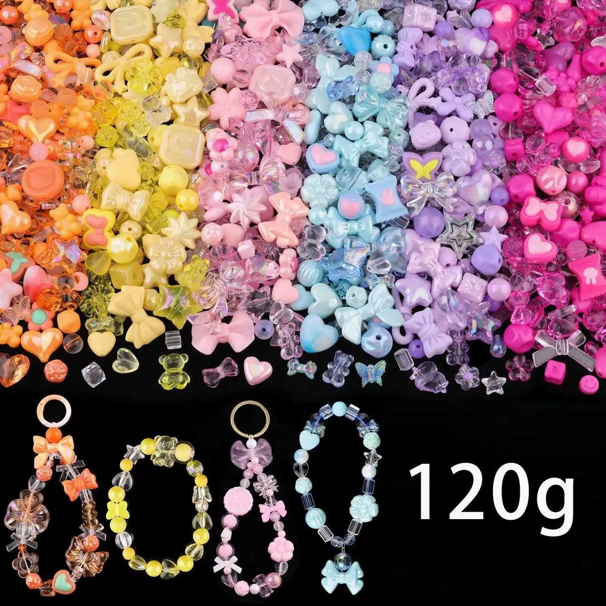 A mix of colorful acrylic beads in various shades including pink, purple, yellow, and blue for DIY jewelry making.