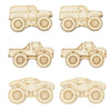 Twelve unfinished wood monster truck cutouts for DIY crafts in various styles and sizes