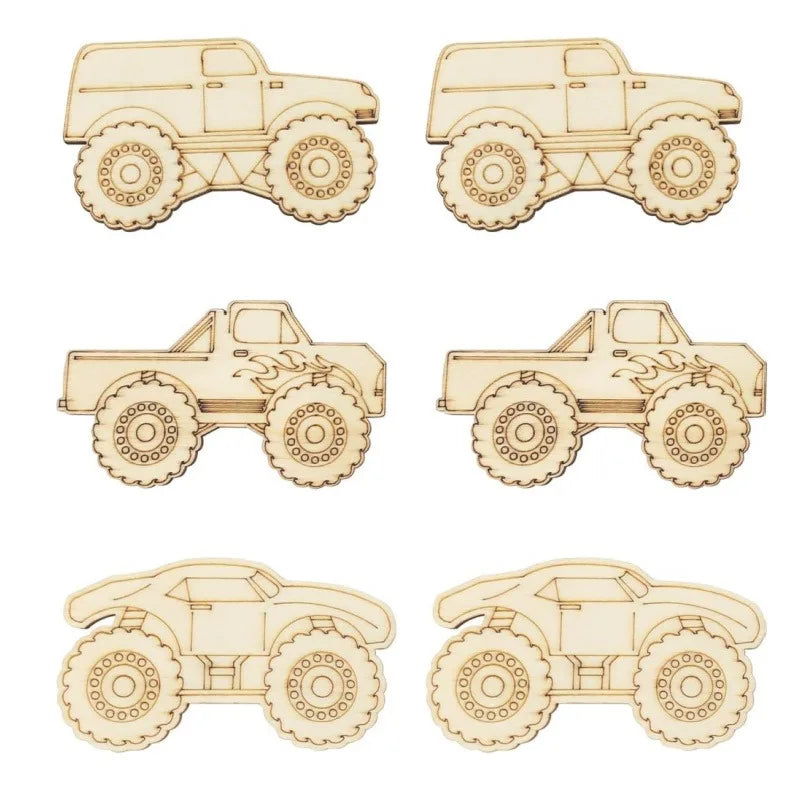Twelve unfinished wood monster truck cutouts for DIY crafts in various styles and sizes