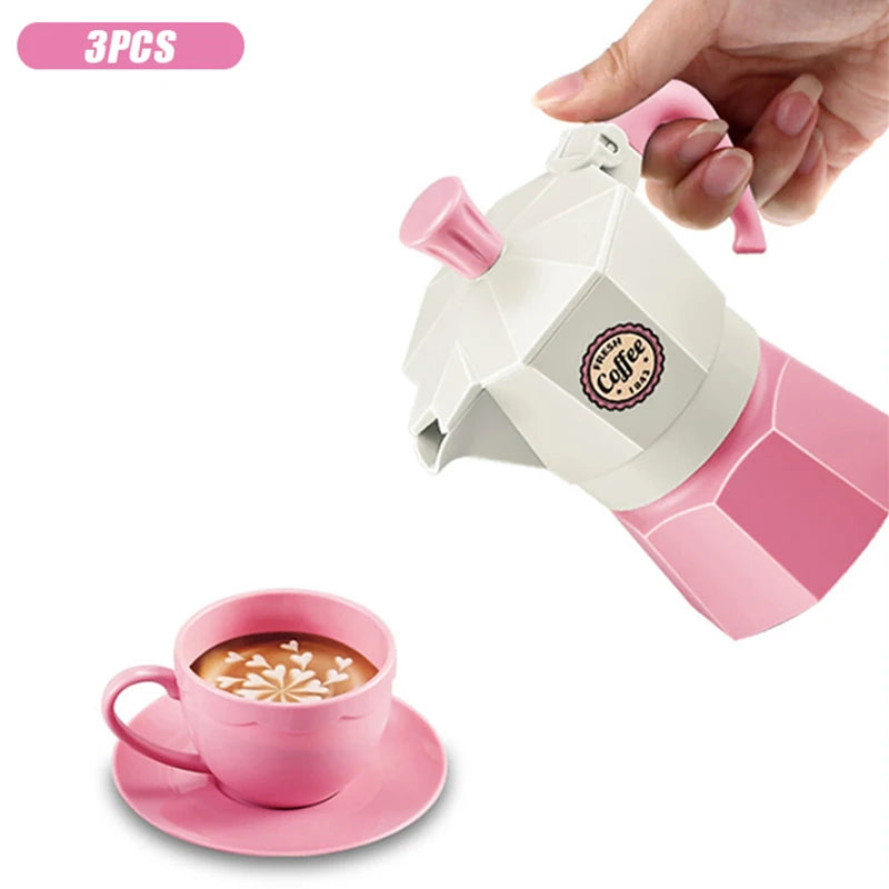 A pink pretend play coffee pot and cup set with a lid and saucer for children