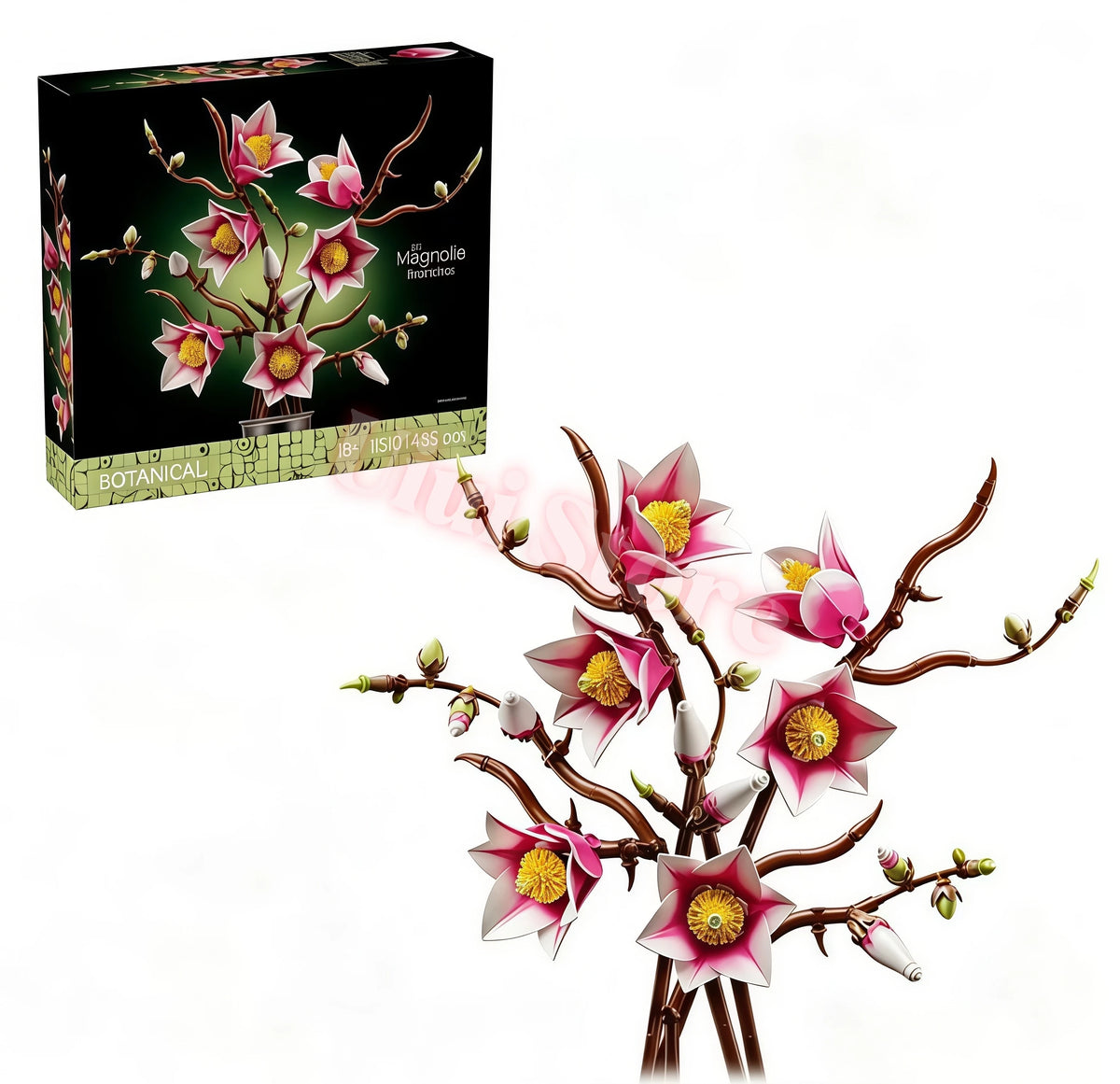A box of Everlasting Flower Building Block Bouquet Set featuring pink and yellow flowers on a dark background.
