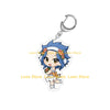 Chibi acrylic keychain of a blue-haired character with flowers and a silver chain.