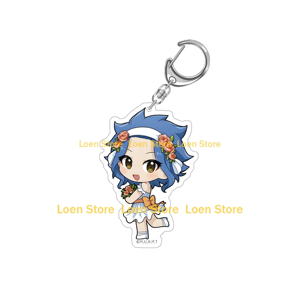 Chibi acrylic keychain of a blue-haired character with flowers and a silver chain.