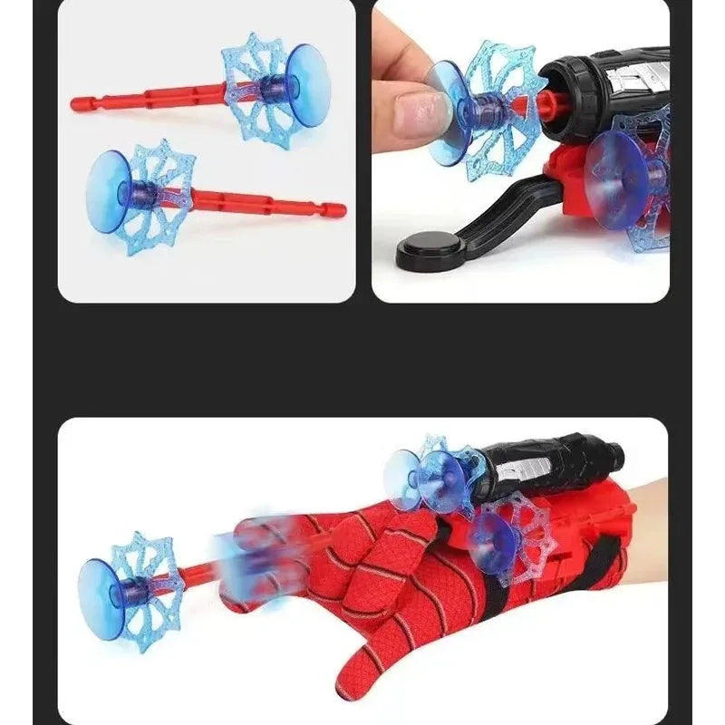 A set of superhero launcher wrist toys featuring suction cup darts in blue and red colors.