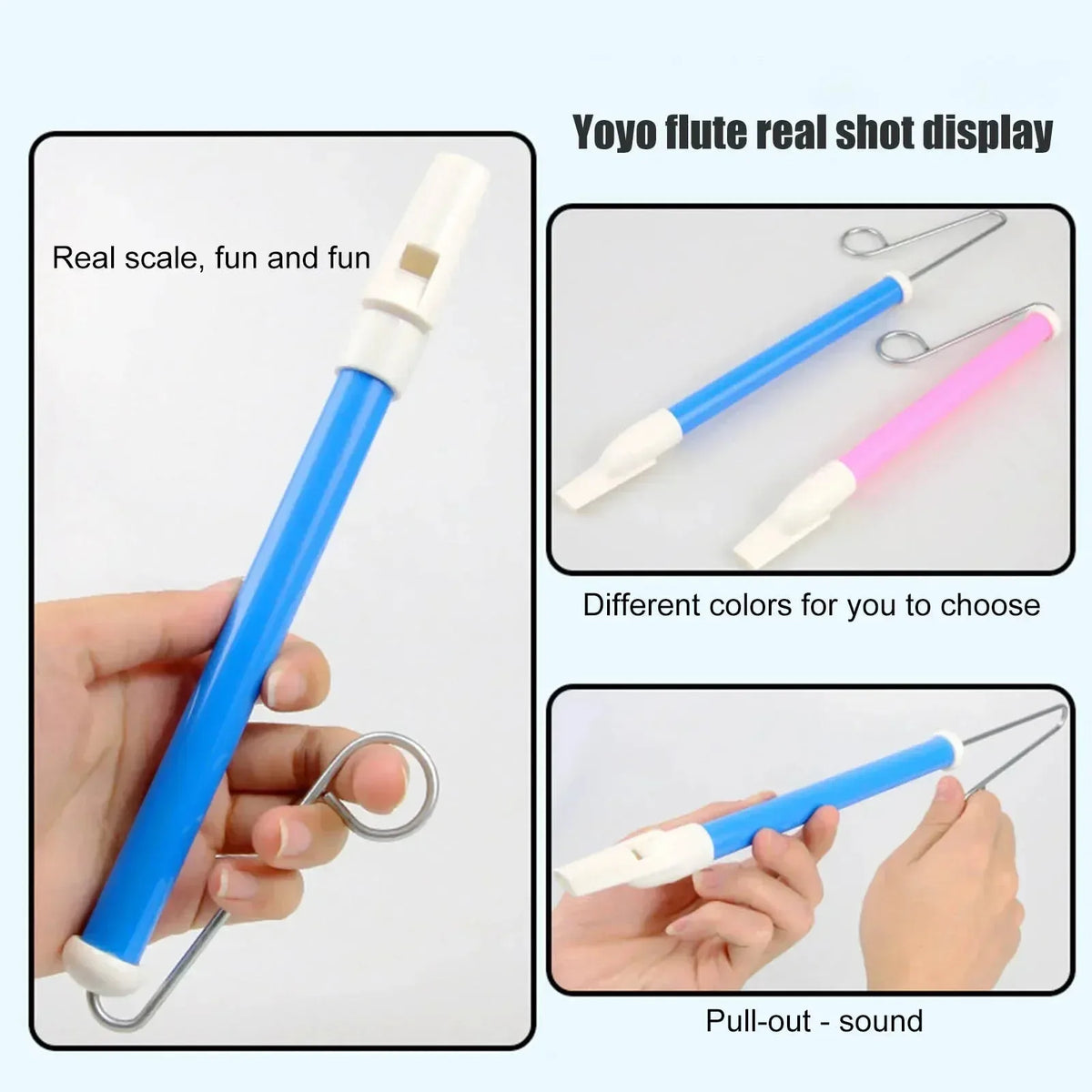 A blue and pink flute-style whistle with a pull-out sound mechanism shown in various colors.