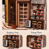 A miniature DIY wooden bookstore hidden in an alley scene featuring a reading area, potted plant, doll decoration, and booksh