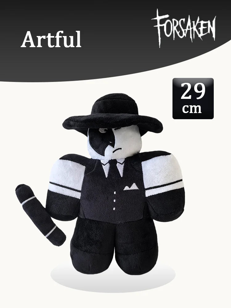 A black and white plush toy resembling a character from a slasher game, featuring a wide-brimmed hat and a coat.