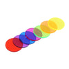 A row of ten brightly colored plastic bingo chips in shades of yellow, orange, green, and blue.