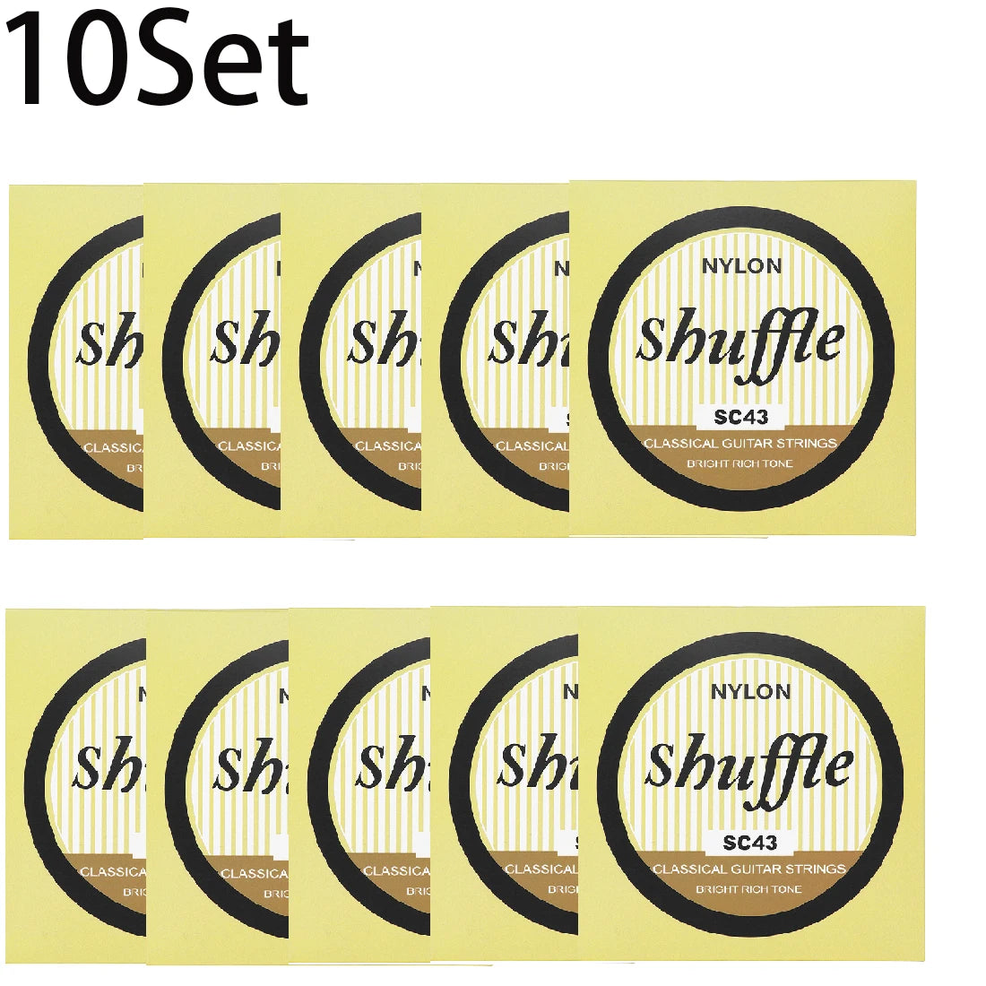 A set of 10 guitar strings featuring nylon and silver-plated copper wound strings labeled Shuffle SC43