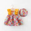 A baby girl summer dress and sunhat set featuring floral patterns and yellow bow details.