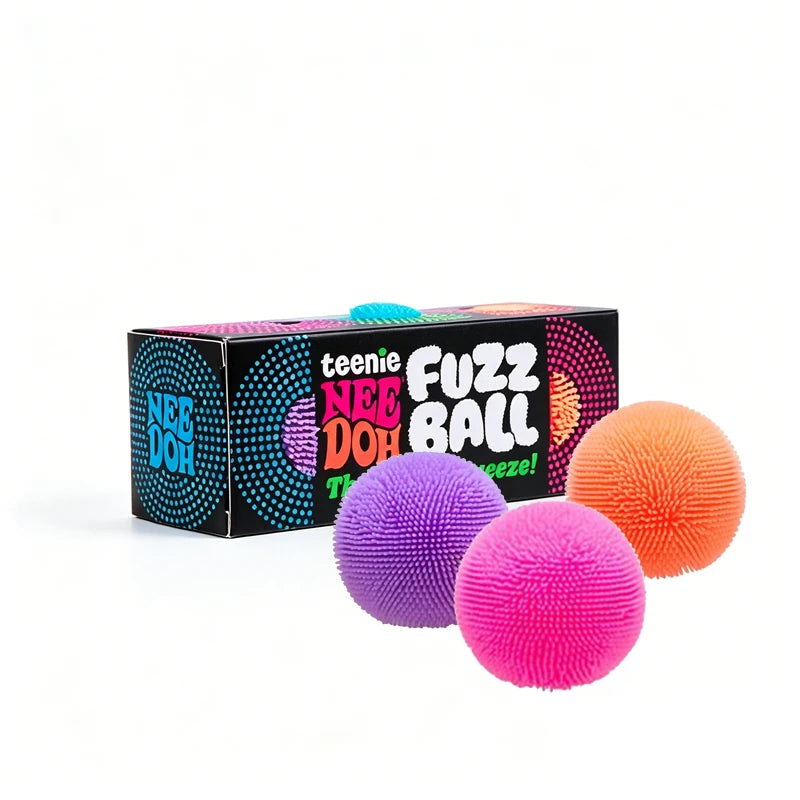 A box of three neon colored fuzz balls for stress relief and sensory play.