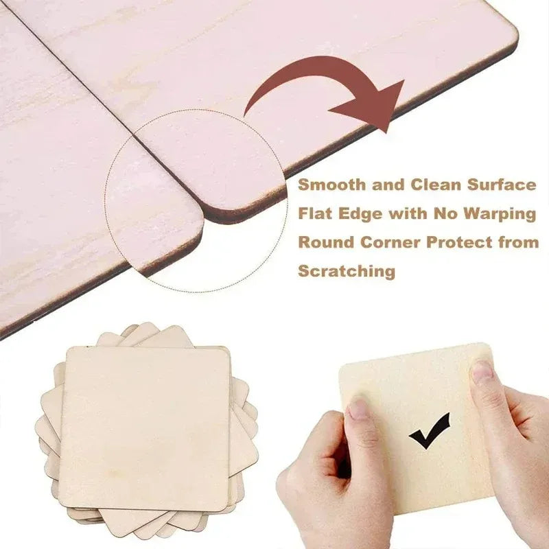 A pink wood square with a smooth flat edge and round corners is shown next to several blank light wood squares.