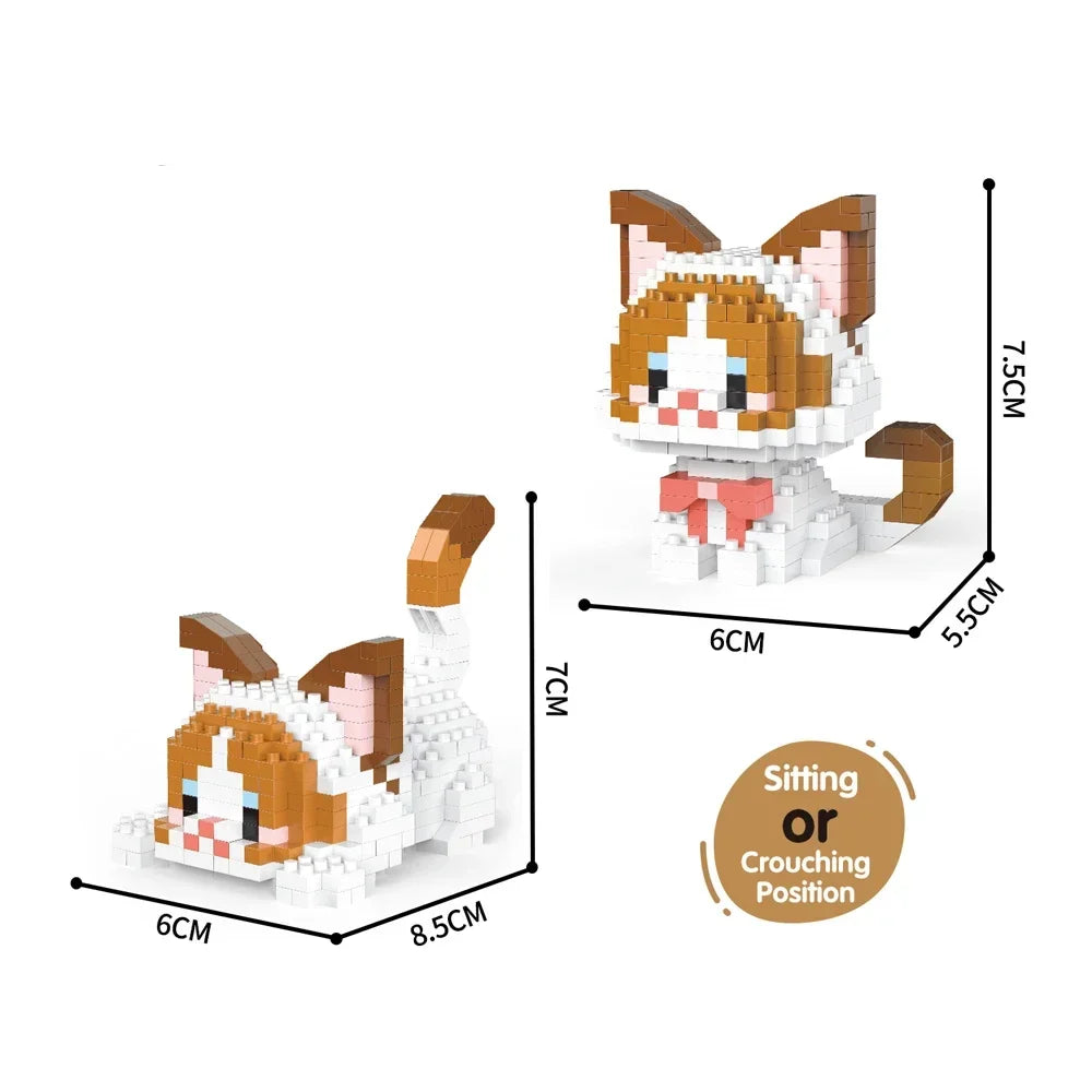 A white and orange cat figurine made of building blocks, shown in a sitting or crouching position.