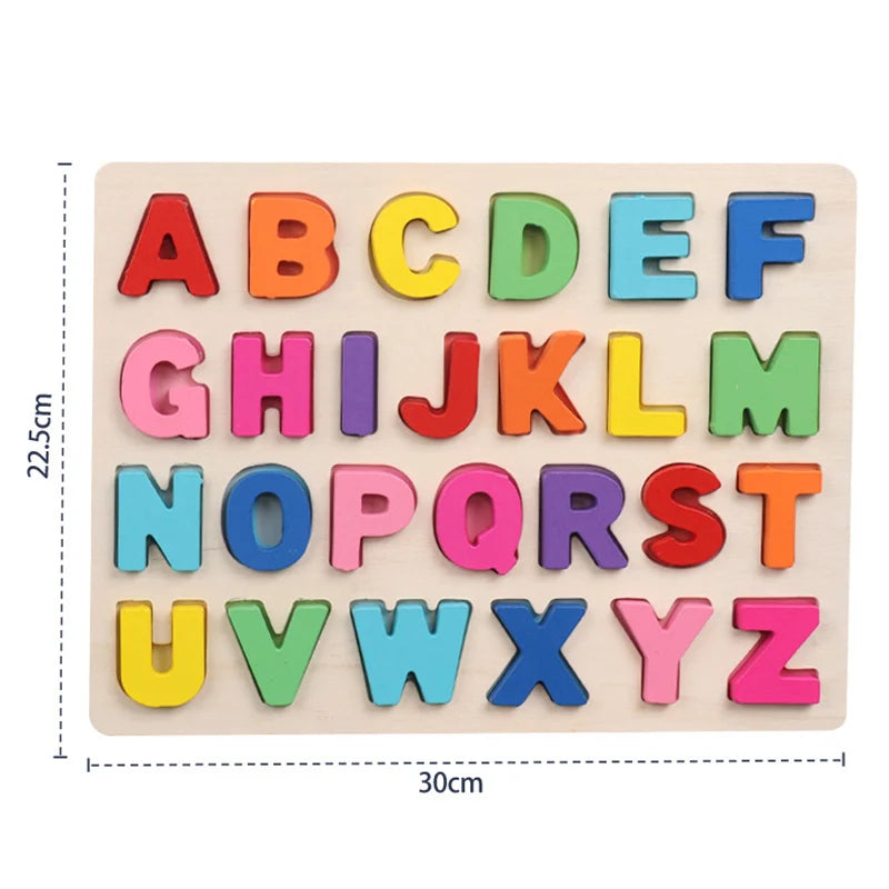 A wooden alphabet puzzle featuring colorful letters A through Z for toddlers.