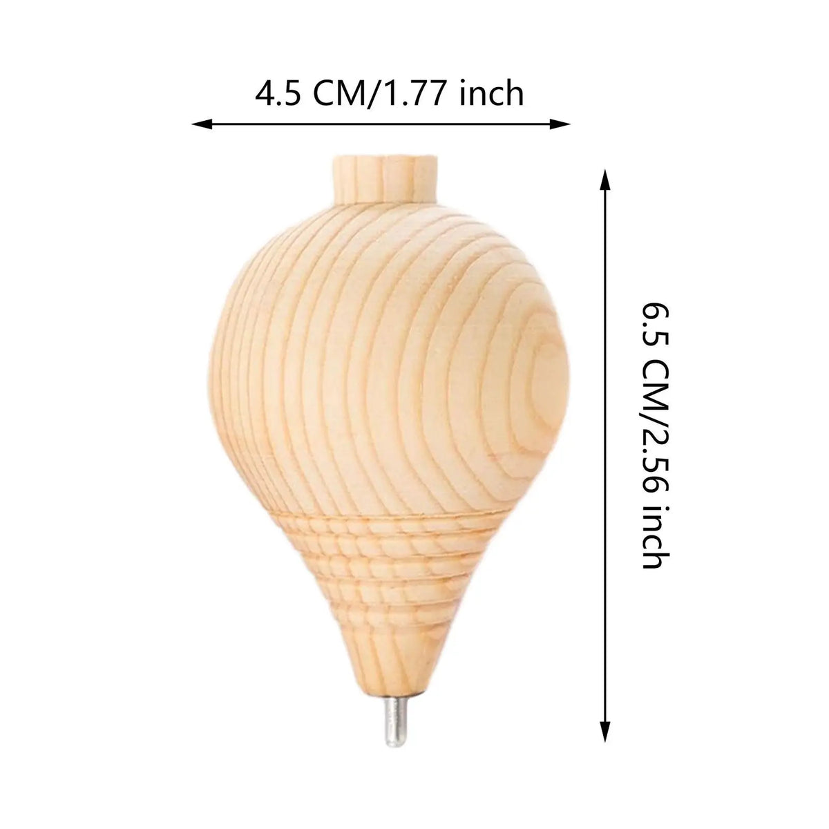 A light wooden spinning top with a steel point, shown from the side.