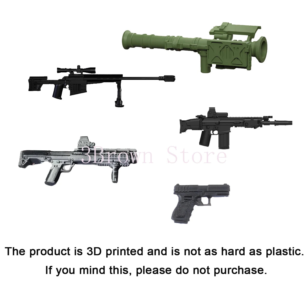 A set of 3D printed military building blocks featuring a gun and helmet accessories.