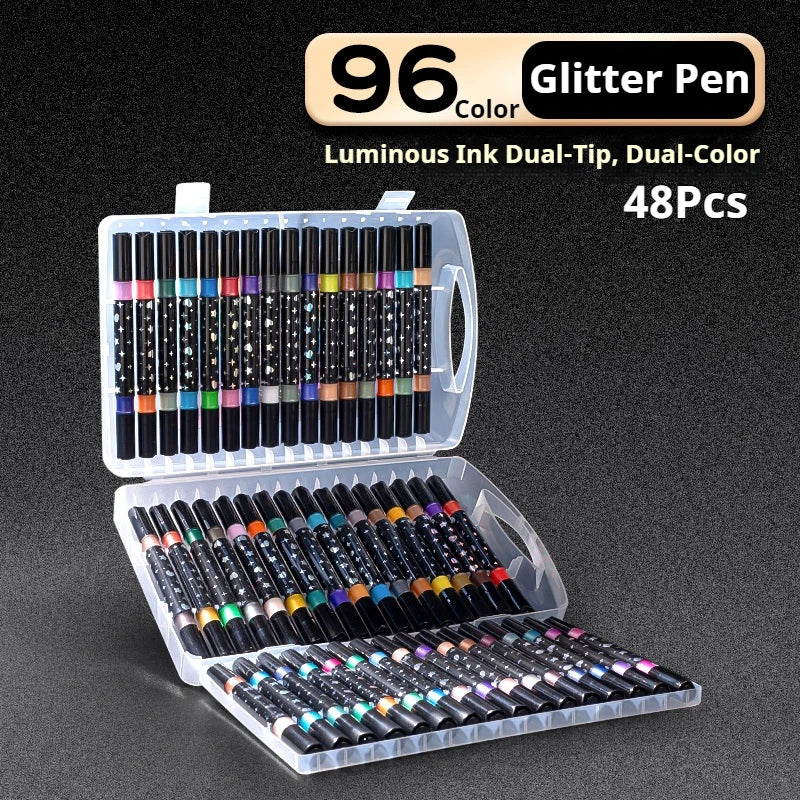 A set of 48 glitter pen markers in various colors and metallic finishes packaged in a clear plastic case.