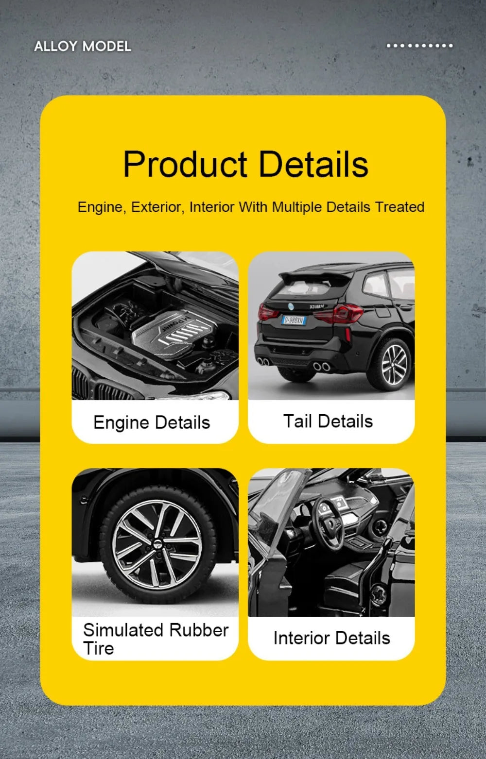 Product details display showing engine, exterior, interior, and simulated rubber tire details of a diecast model car.