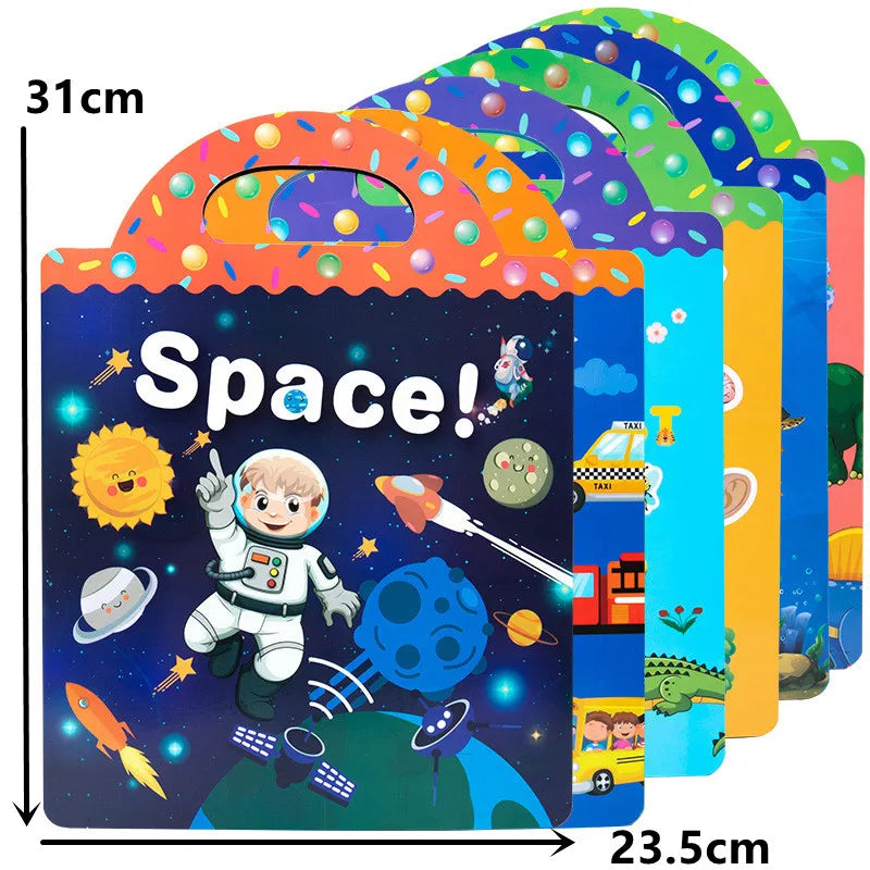 A colorful reusable cartoon sticker book for kids featuring space scenes and characters.