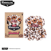 A plush toy of a leopard-patterned monster with large eyes and teeth, packaged in a box.