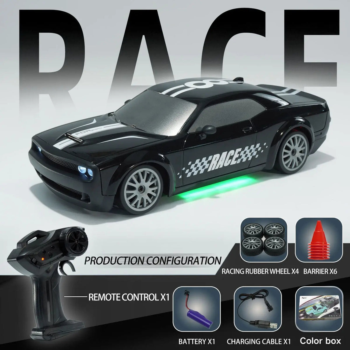 Black racing RC car with a silver hood and green lights, shown alongside its production configuration parts.