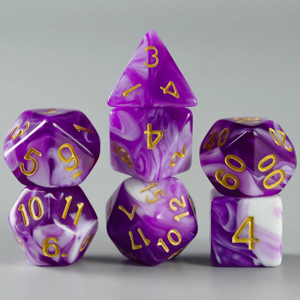 A set of purple and white acrylic dice, including a pyramid shape, for tabletop gaming.