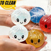 Hands are squeezing colorful soft stress balls, including clear, blue, and orange ones, demonstrating an easy to clean toy.