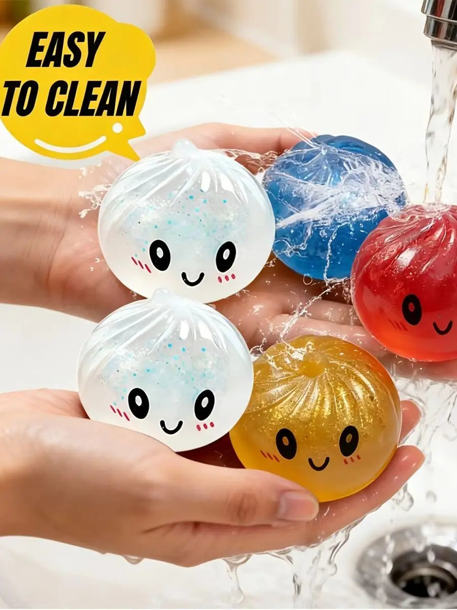 Hands are squeezing colorful soft stress balls, including clear, blue, and orange ones, demonstrating an easy to clean toy.