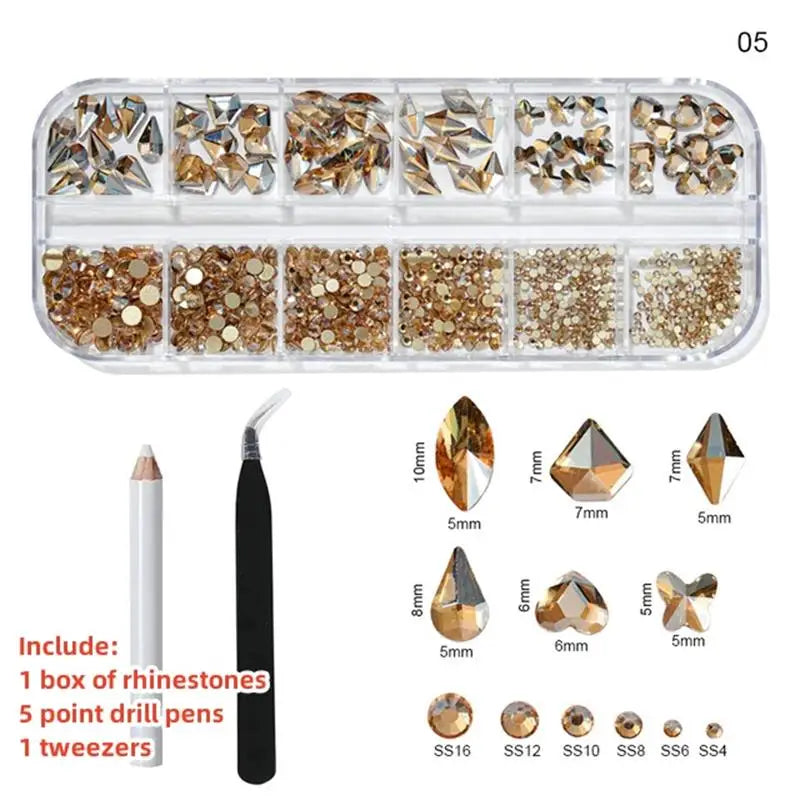 A box of rhinestones, glass gems, and tools including a drill pen and tweezers for nail art.