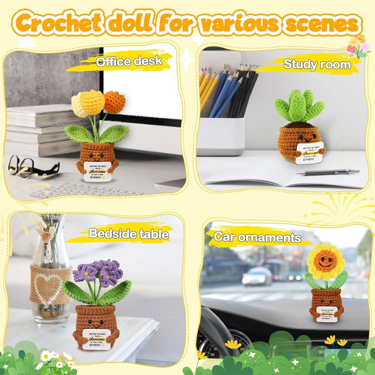 Handmade crochet doll with flower accents displayed in various scenes like an office desk, study room, bedside table, and car