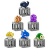 A set of plastic sea creatures including a blue whale, purple elephant, and yellow fish, displayed on gray plastic holders.