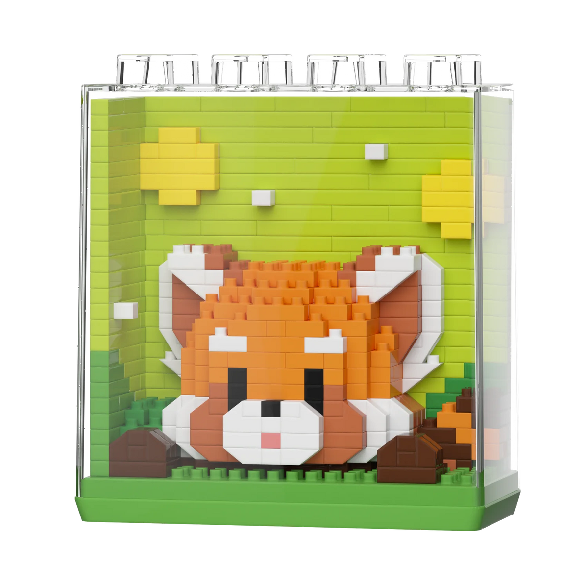 A building block set featuring an adorable orange fox character displayed in a clear plastic box.