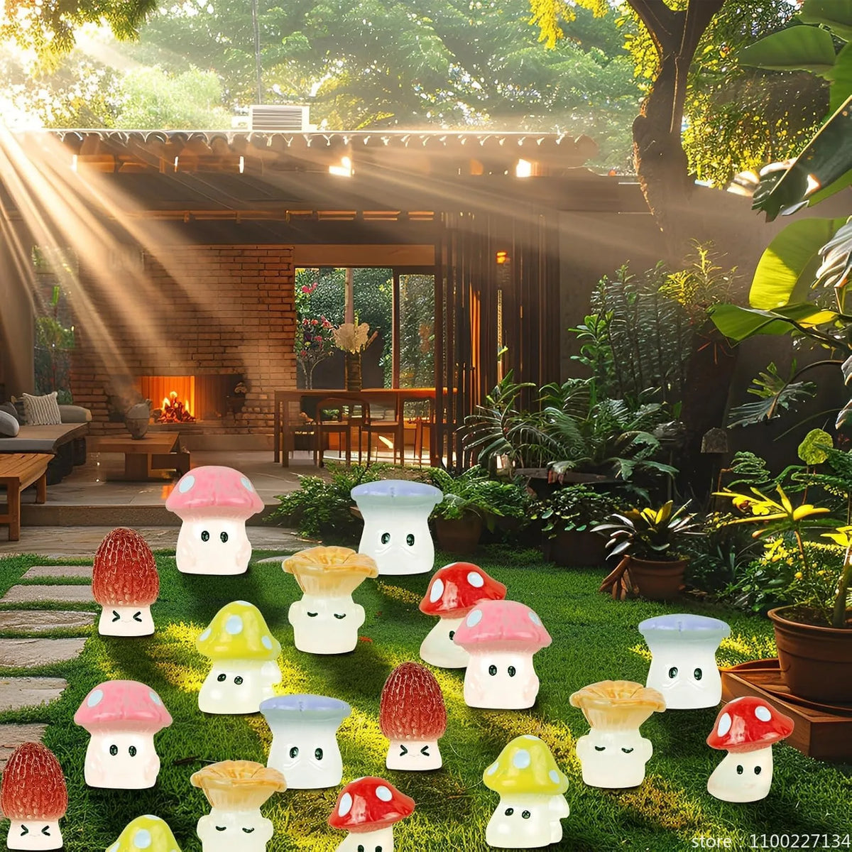 A collection of glow-in-the-dark resin miniature mushrooms in various colors displayed outdoors.